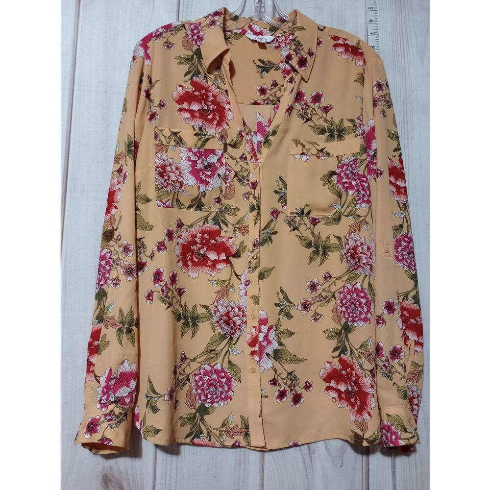 Candie's Shirt Womens Large Yellow Red‎ Floral Chiffon Semi Sheer Button Up Top